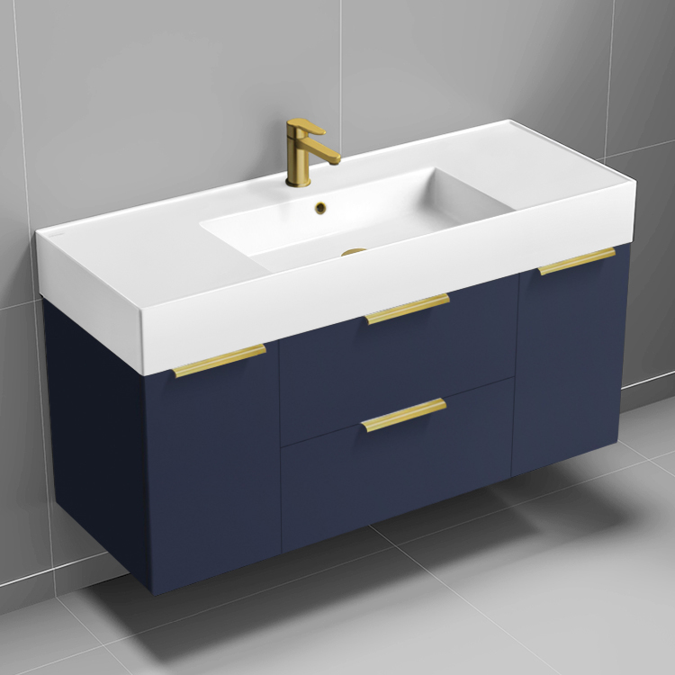 Bathroom Vanity Floating Bathroom Vanity, Modern, Blue, 48 Inch, Gold Handles Nameeks DERIN547
